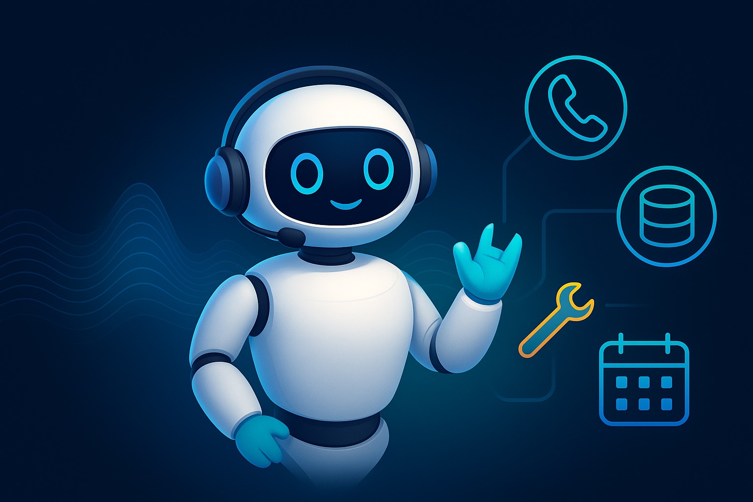 AI voice waveform with call, database, and calendar icons